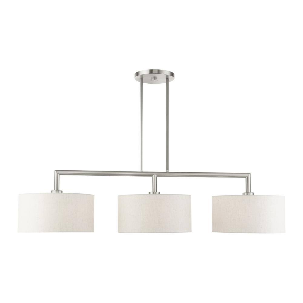Meridian Brushed Nickel 3-Light Linear Chandelier with Oatmeal Shades