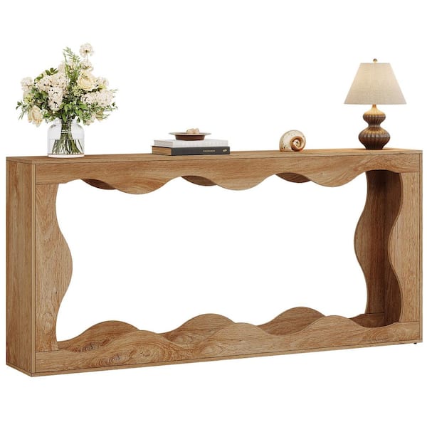 BYBLIGHT Turrella 63 in. Wood Grain Rectangle Wood Farmhouse Console Table Entryway Table, Couch Sofa Table with Wavy Design
