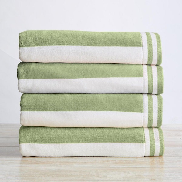 Eucalyptus Green / White 100% Cotton Cabana Stripe 4 Pack Beach and Pool Towels