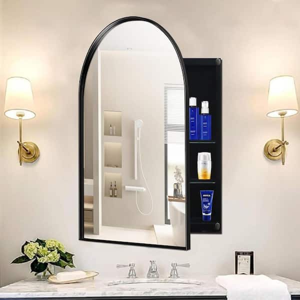 Black 24 in. W x 36 in. H Arched Metal Framed Recessed Medicine Cabinet with Mirror, Bathroom Wall Cabinet with Mirror