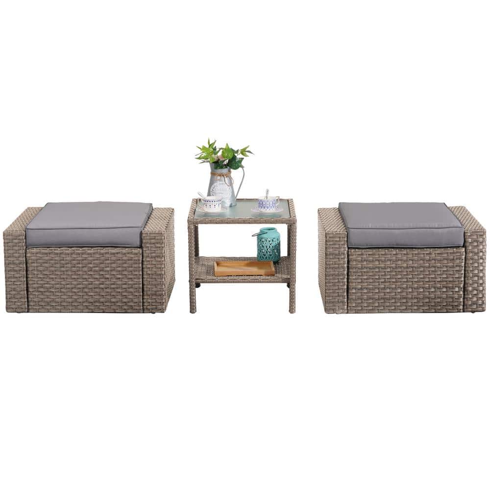 Brown Wicker Outdoor Ottomans Patio Conversation Sets with Gray Cushions an