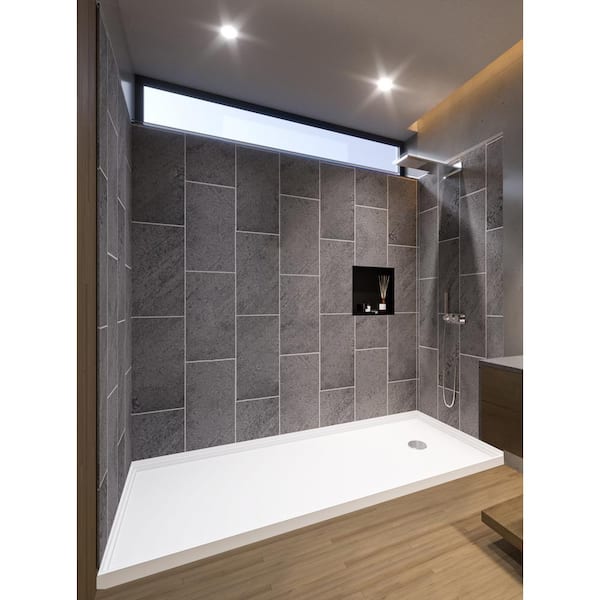 NuVo Slate Grey 60-in x 36-in x 83-in 7 Pieces Alcove Shower Kit With Glue Up Shower Wall and Shower Pan Center Drain