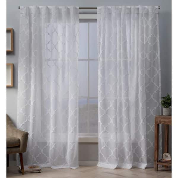 EXCLUSIVE HOME Aberdeen White Trellis Sheer Hidden Tab / Rod Pocket Curtain, 54 in. W x 96 in. L (Set of 2)