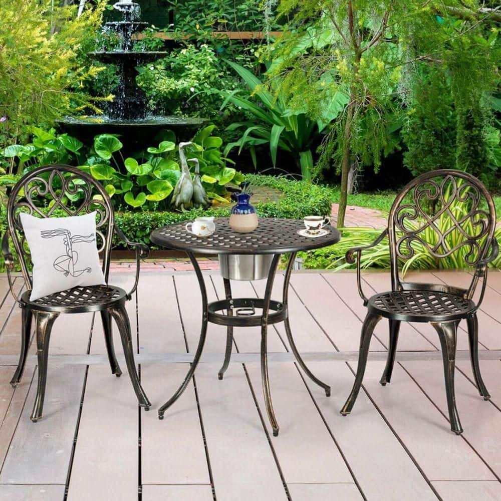 Ice Bucket Table Clihome 3-Piece Adjustable Feet Cast Aluminum Outdoor Serving Bar Set ...