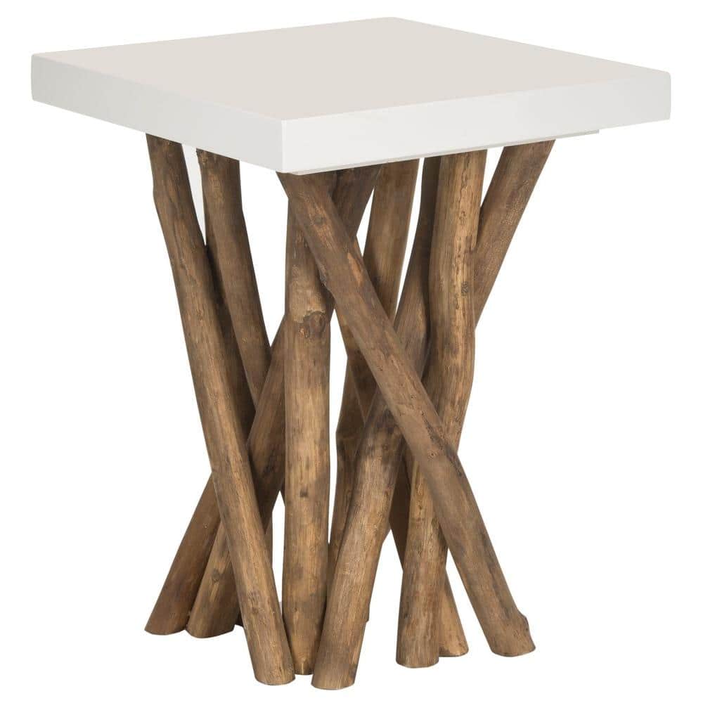 Transitional Hartwick 15'' White Square Side Table with Reclaimed Teak Legs