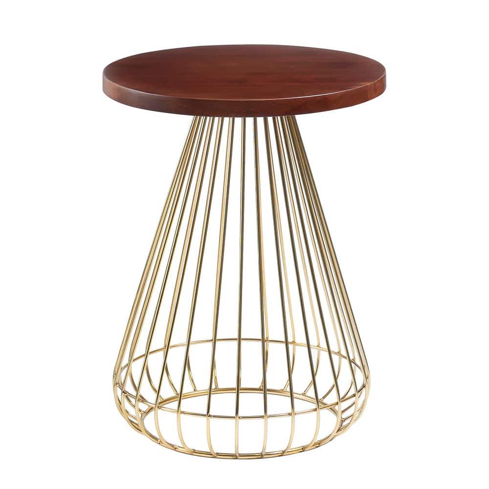 Melody 16 in. Walnut Top with Gold Base 20 in. Cage Mango Wood End Table