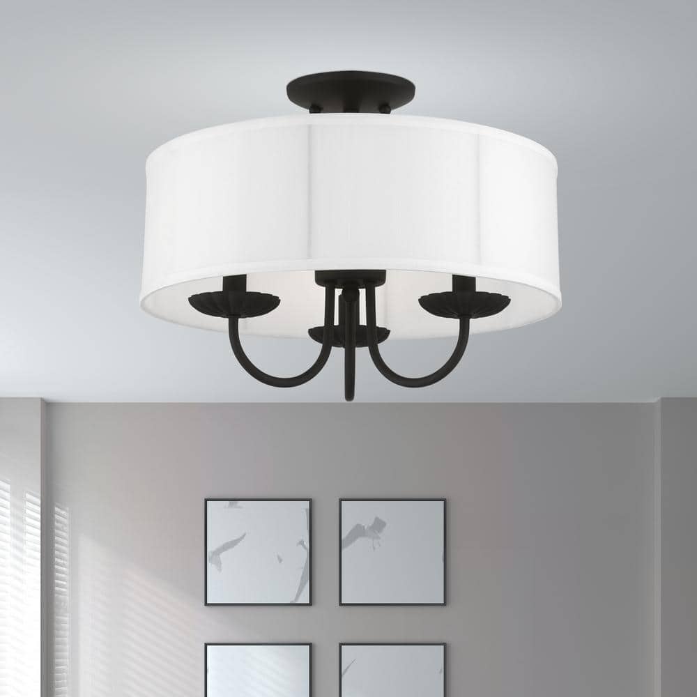 Brookdale Black Brass 3-Light Semi-Flush Mount with Fabric Shade