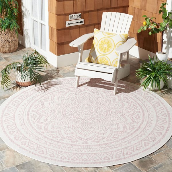 Courtyard Ivory/Soft Pink 7 ft. x 7 ft. Medallion Indoor/Outdoor Round Area Rug