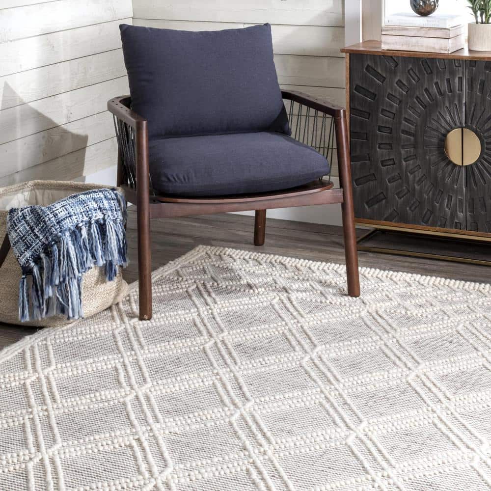 Handmade Beige Wool Trellis Tufted Rectangular Rug