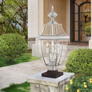 Aston 23.5 in. 3-Light Brushed Nickel Solid Brass Hardwired Outdoor Rust Resistant Post Light with No Bulbs Included