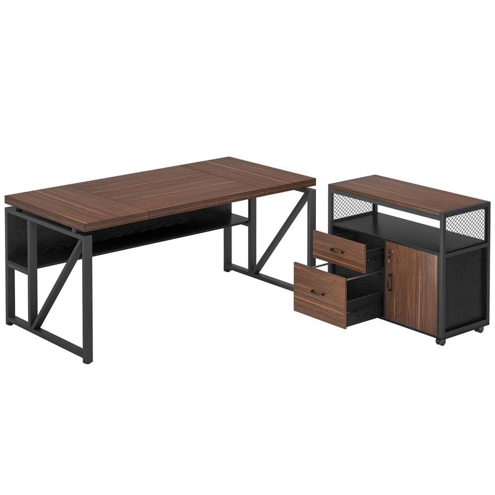 Lanita 62.9 in L Shaped Desk Deep Brown and Black Engineered Wood 2 Drawer Computer Desk with File Cabinet