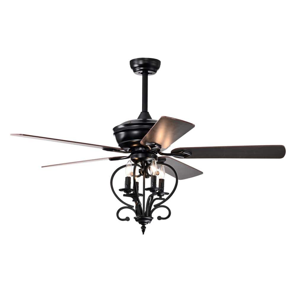 52 in. Indoor Matte Black 4-Lights Ceiling Fan Farmhouse Ceiling Fan with L