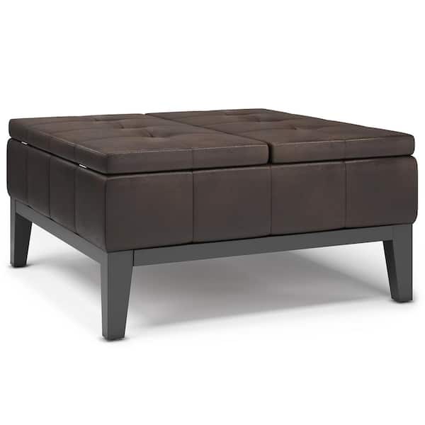 Simpli Home Dover 36 in. Wide Contemporary Square Coffee Table Storage Ottoman in Distressed Brown Vegan Faux Leather, Assembled
