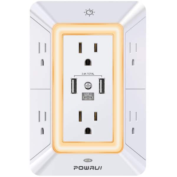 Lukyamzn 3 Sided 6-Outlet Multi Plug Outlet Surge Protector in White with 3 USB Ports and Night Light