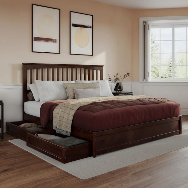 AFI Everett Walnut Brown Solid Wood Frame King Platform Bed with Panel Footboard and Storage Drawers