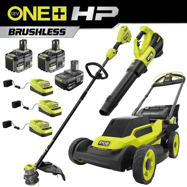 ONE+ HP 18V Brushless 20 in. Cordless Walk Behind Self Propelled Mower, Blower & String Trimmer w/ Batteries & Chargers