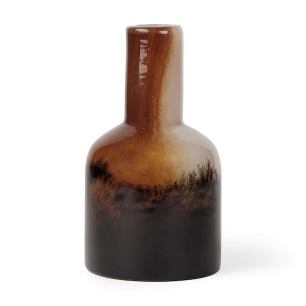 9 in. Amber Cream And Dark Brown Abstract Tulip Glass Table Vase