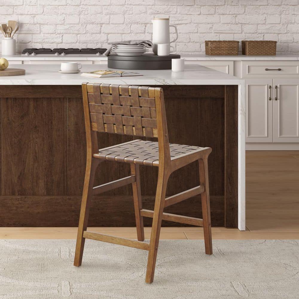 INK+IVY Oslo 24 in. Brown Wood Counter Stool with Faux Leather