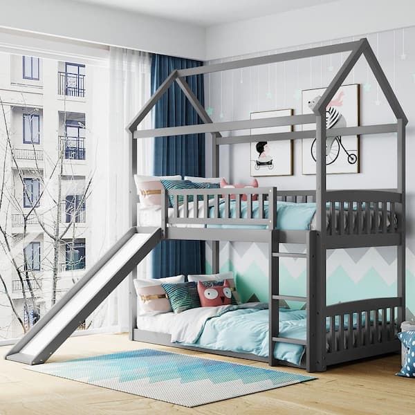 Harper & Bright Designs Gray Twin over Twin Wood House Bunk Bed with Slide and Ladder