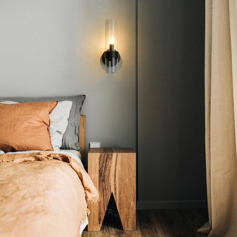 Matte Black Dimmable Steel Wall Sconce with Glass Shade