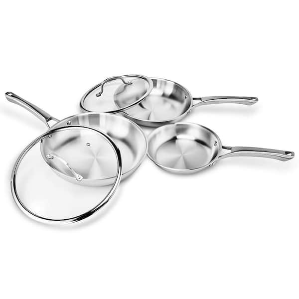 5-Piece Tri-Ply Skillets Set with Lids Stainless Steel Chef's Pan Cookware Set