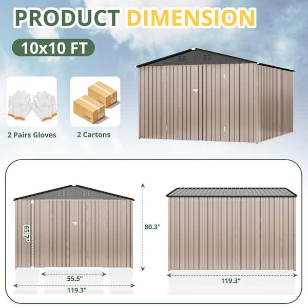 VIWAT 10 ft. W x 10 ft. D Metal Outdoor Storage Shed with Lockable