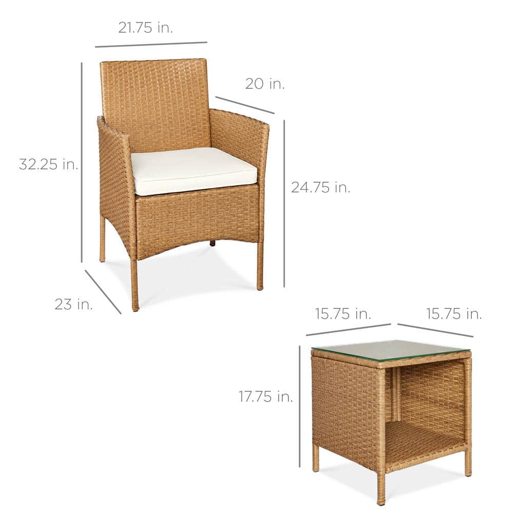 Natural Wicker 3-Piece Outdoor Patio Bistro Set with Ivory Cushions