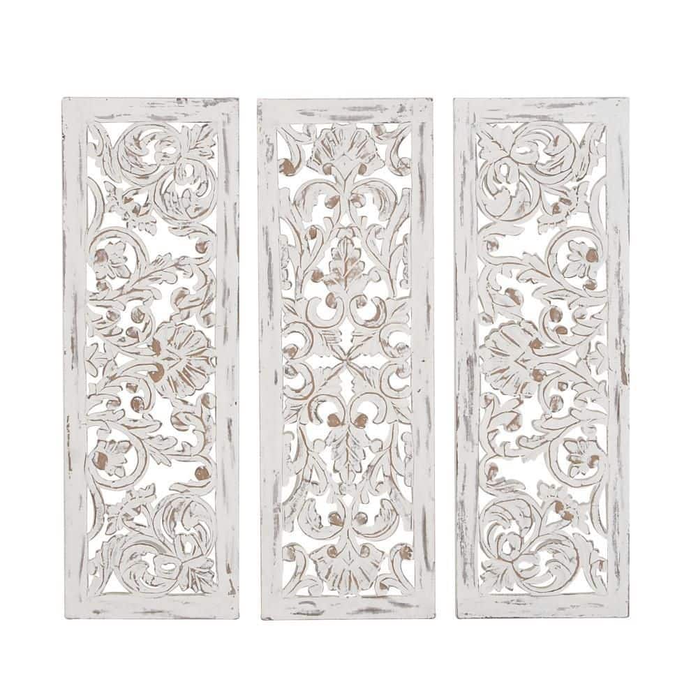 White Distressed Wood Carved Floral Wall Panels Set of 3
