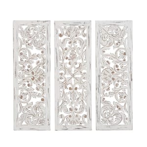 Wood White Handmade Intricately Carved Floral Wall Decor (Set of 3)