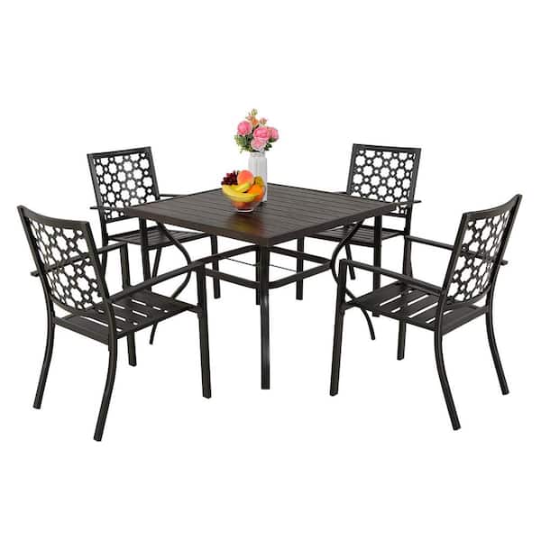 MEOOEM 5 PCs Outdoor Patio Dining Set, 4-Stackable Metal Chairs and Square Wood-Like Grain Table wIth 1.57 in. Umbrella Hole