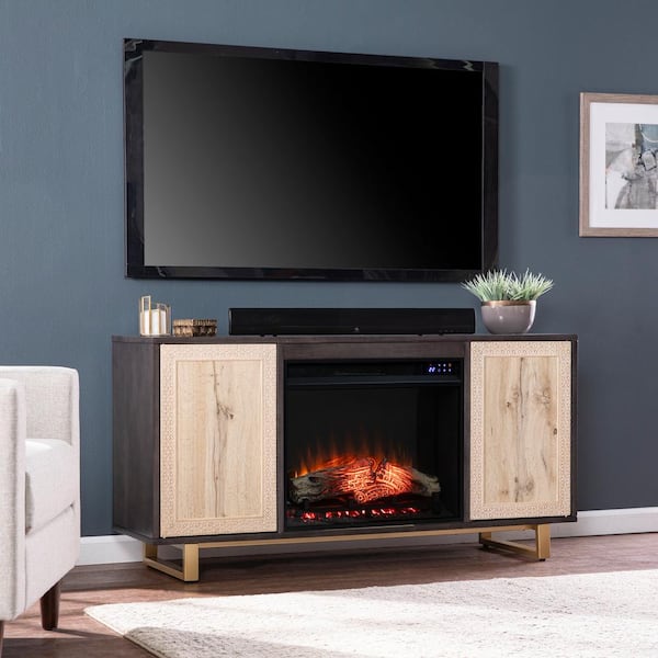 Southern Enterprises Saleh 54.25 in. Touch Panel Electric Fireplace in Dark Brown, Natural and Gold