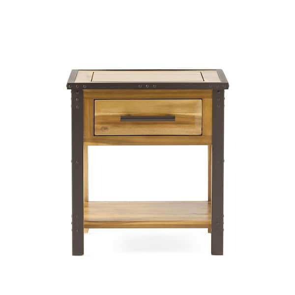 Noble House Luna Natural Stained Brown Wood End Table with Drawer and Shelf