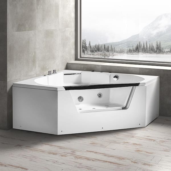 59 in. Acrylic Right Drain Corner Alcove Whirlpool Bathtub in White