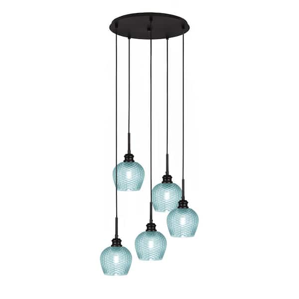 Unbranded Albany 60-Watt 18.75 in. 5-Light Espresso Cord Pendant Light Turquoise Textured Glass Shade No Bulbs included