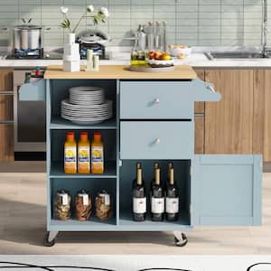 Blue Wood Kitchen Cart for Kitchen with 4 Wheels and 2 Drawers and 3 Open Shelves With Solid Wood Top (41.34 in. L)