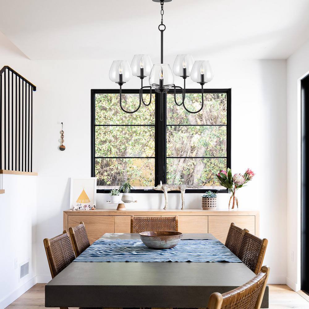 Black 5-Light Modern Chandelier with Clear Glass Shades