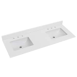 YN23 60 in. W x 22 in. D Quartz Vanity Top in White with White Rectangle Sink Vanity Double Sinks Included Backsplash