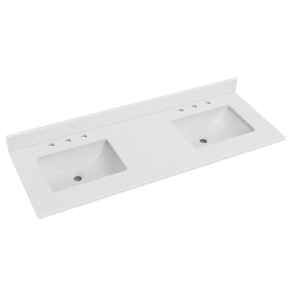YASINU YN23 60 in. W x 22 in. D Quartz Vanity Top in White with White Rectangle Sink Vanity Double Sinks Included Backsplash