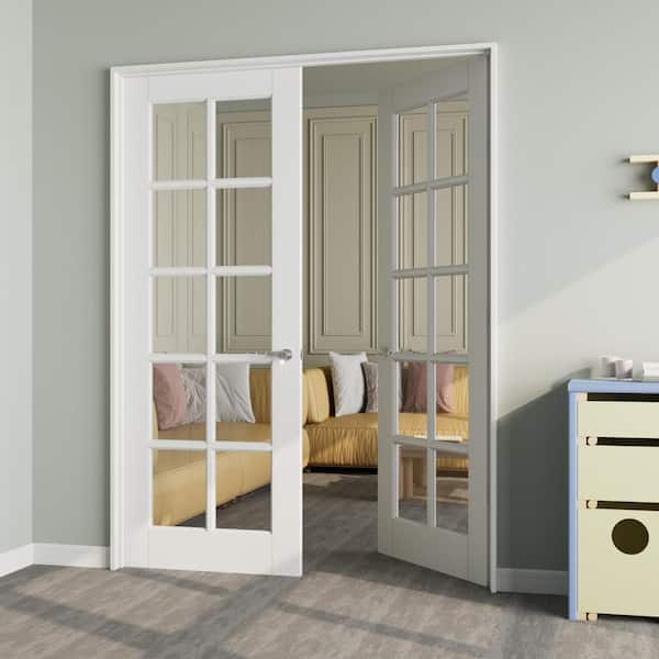 60 in. x 80 in. 10-Lite Clear Glass Universal White Solid Core Wood Ready to Assemble French Door with Separate Jamb