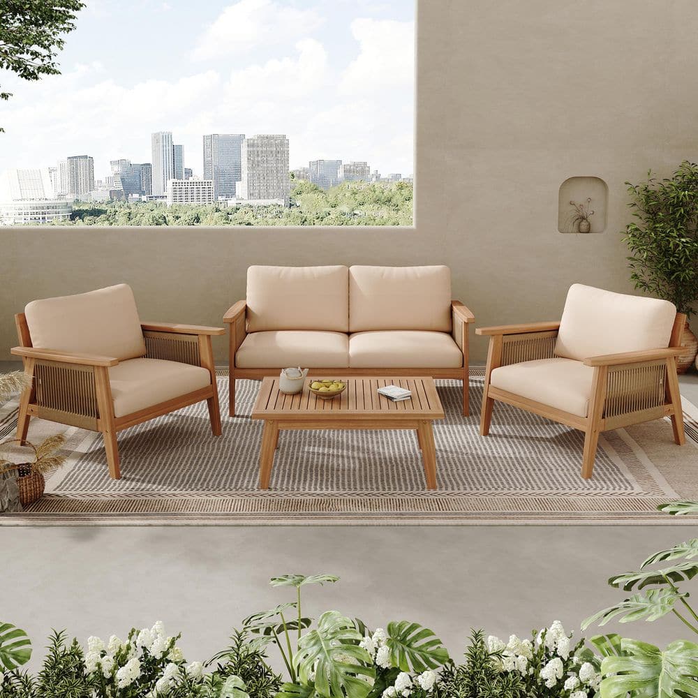 Teak 4-Piece 100% Solid Wood and All Weather Rope Arm Patio Conversation Set with Beige Cushions and Coffee Table price history on PriceWatchPro