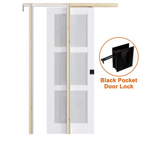 ARK DESIGN 28 in. x 80 in. 3-Lite Glass White Primed Pocket Sliding Door with Pocket Hardware Kit (Soft Close and Black Lock Incl)