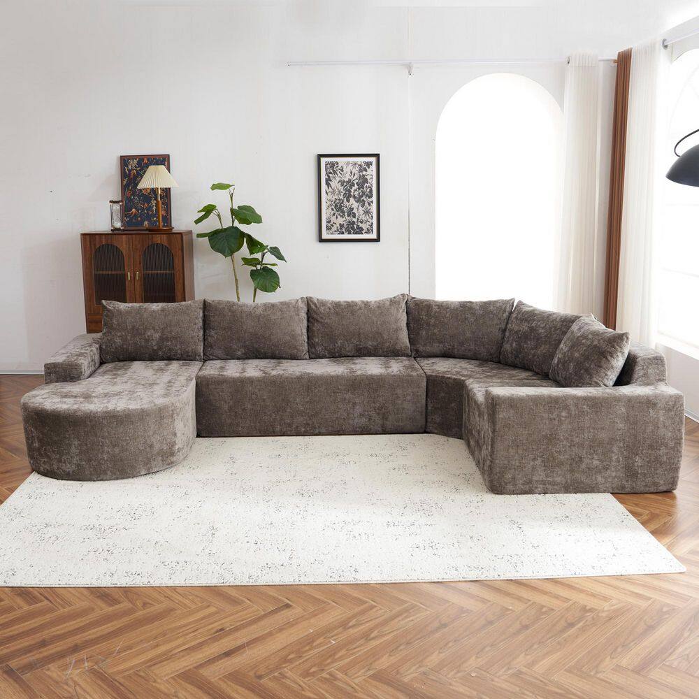 139 in. Square Arm Chenille L-Shaped Sofa in Brown with Deep Seat