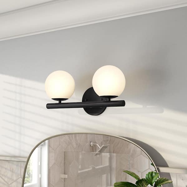 Crown Heights 16 in. 2-Light Matte Black Modern Vanity Light with Etched Opal Glass Shades