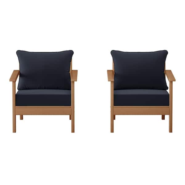 Birchwood Teak Outdoor Patio (Set of 2) Deep Seating HDPE Lounge Chairs w/ Navy Blue Cushions