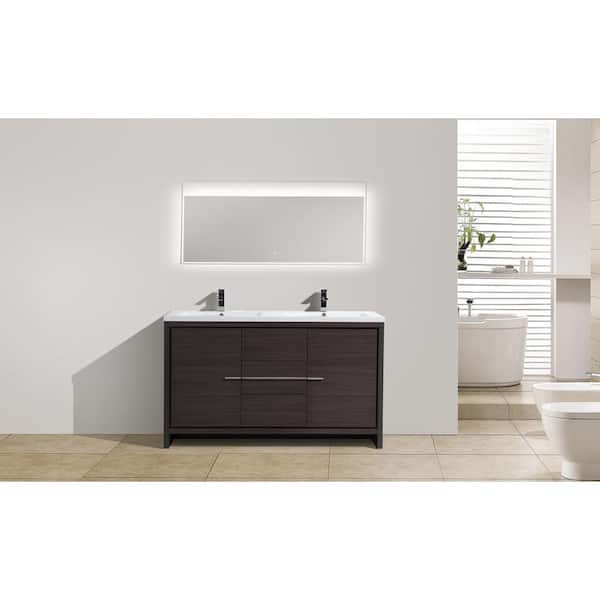 Moreno Bath Dolce 60 in. W Bath Vanity in Dark Gray Oak with Reinforced Acrylic Vanity Top in White with White Basins