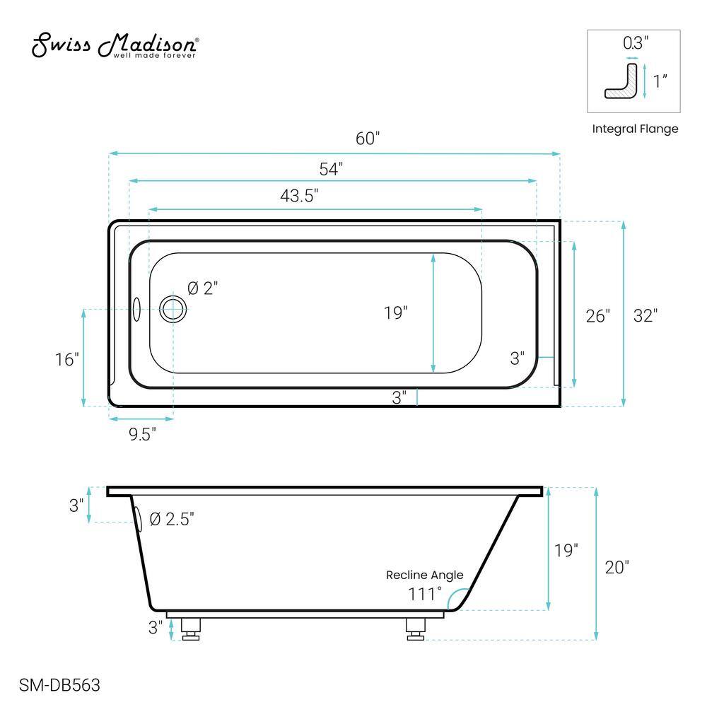 Voltaire 60" x 32" White Acrylic Alcove Bathtub with Jets