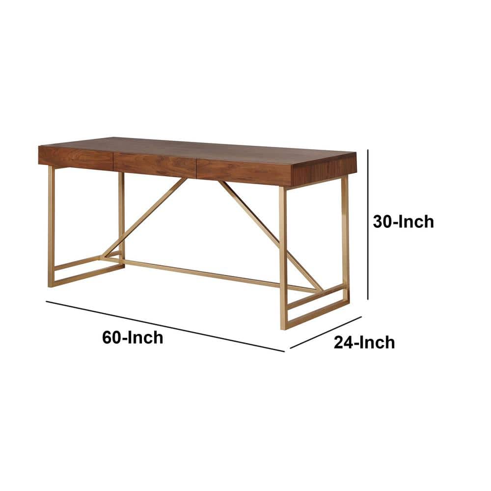 Walnut Brown Wooden Writing Desk with Gold Metal Legs and Drawers