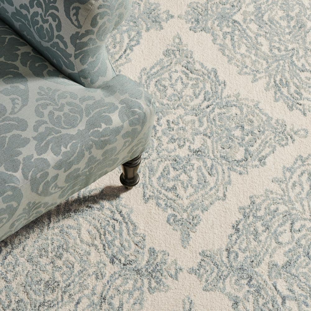Ivory and Blue Wool Trellis Handmade Tufted Area Rug, 5' x 8'