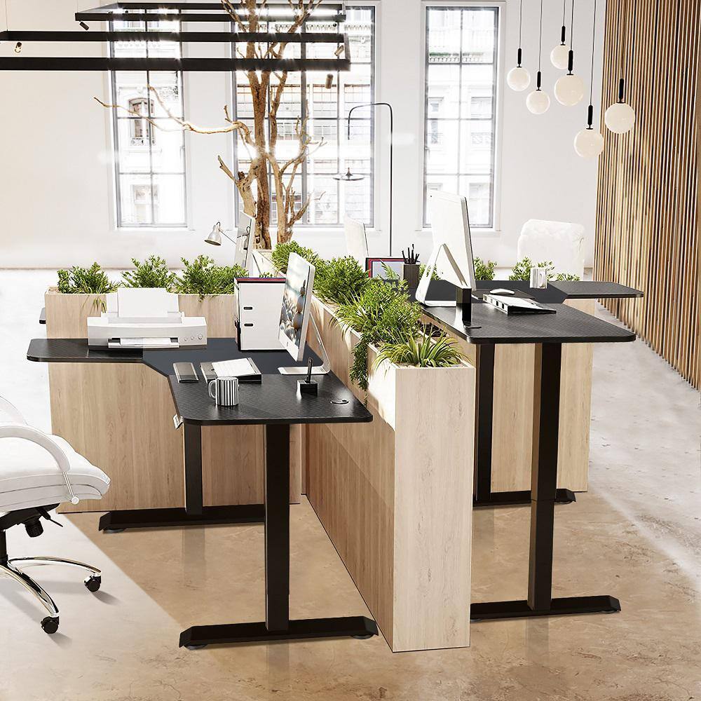 Black Adjustable Height L-Shaped Standing Desk with Hooks