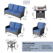 Janus Gray 6-Piece Wicker Patio Fire Pit Conversation Seating Set with Denim Blue Cushions